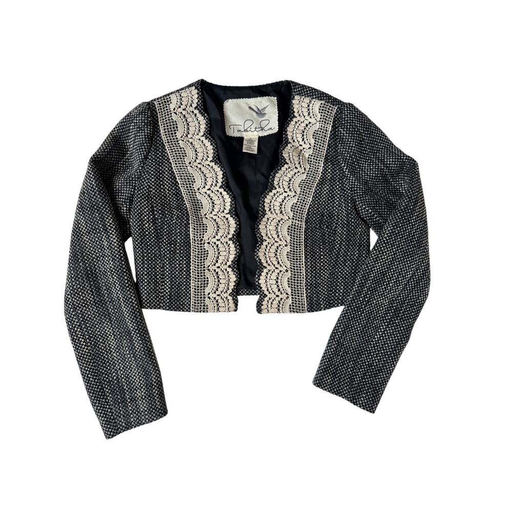 Tabitha Anthropologie Black Ivory Tweed Cropped Blazer Lace Trim Size 6